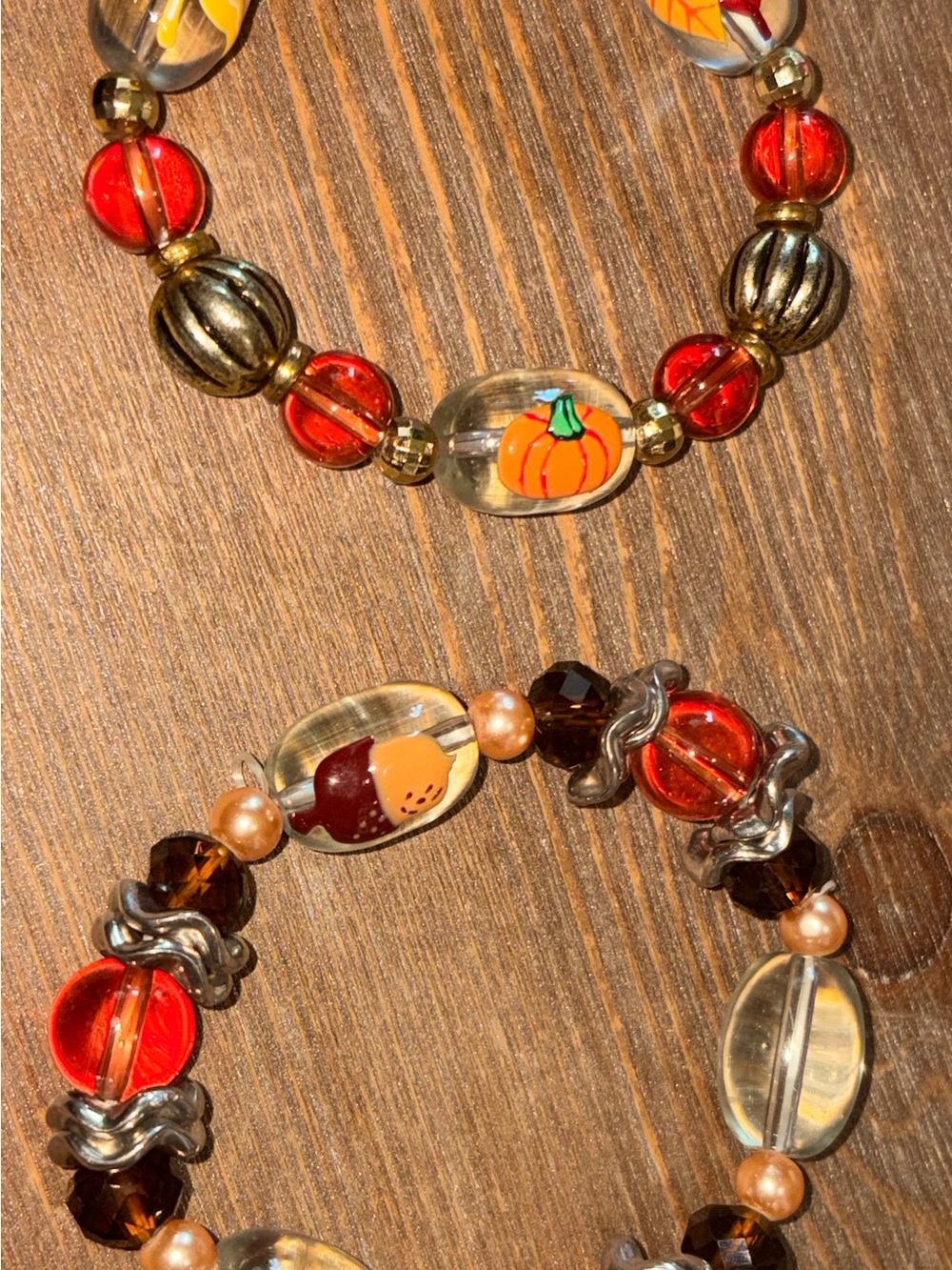 Autumn Pumpkin Bead Stretch Bracelet Set - Orange & Brown